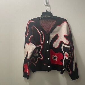 Brand New Abstract Patterned Black and Red Sweater